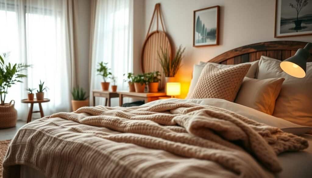 A serene bedroom retreat filled with cozy textures and warm elements. In the foreground, a plush, inviting bed adorned with a soft, knitted blanket and an array of textured throw pillows. The middle features a rustic wooden bedside table with a warm lamp casting a gentle glow, and a few potted plants adding a touch of greenery. In the background, bright natural light streams through sheer curtains, illuminating the room with a soft and airy atmosphere. Subtle details like a woven rug and wall art depicting nature enhance the sense of comfort. Aim for a tranquil and restful mood, capturing the essence of a safe and soothing space designed for relaxation. Use a standard lens with a slight depth of field to emphasize the inviting elements while softly blurring the background.