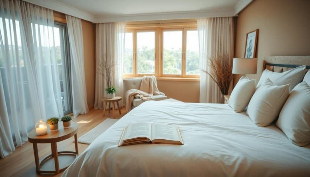 A serene bedroom sanctuary designed for rest and rejuvenation, featuring a large, plush bed adorned with crisp white linens and soft pastel throw pillows. In the foreground, a wooden bedside table holds a softly glowing lamp and a small potted plant. The middle of the scene includes a cozy reading nook with a comfortable chair draped in a soft blanket, complemented by an open book resting on a small, rustic side table. The background showcases large windows allowing bright, natural light to fill the room, with sheer curtains softly billowing in the gentle breeze. The walls are painted in calming earth tones, and wooden accents enhance the warm, inviting atmosphere. The overall mood is tranquil and airy, evoking a sense of peaceful retreat and well-being.