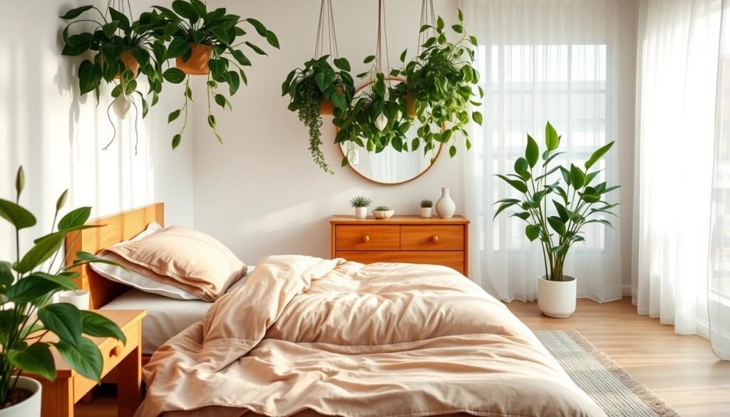 A serene bedroom sanctuary designed for restful sleep, featuring lush green plants like peace lilies and snake plants strategically placed on a wooden nightstand and hanging from the ceiling. In the foreground, a cozy, neatly made bed with soft, organic cotton bedding in soothing earth tones. The middle ground showcases a warm wooden dresser adorned with small potted succulents, while a calming, light-colored rug adds texture to the space. The background reveals softly filtered sunlight streaming through sheer curtains, creating an inviting, tranquil atmosphere. The room is airy, emphasizing natural decor elements, and exudes a sense of peace and relaxation, ideal for promoting better sleep.