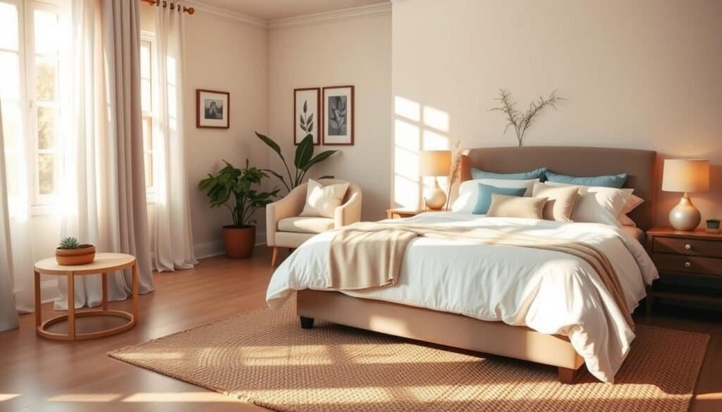 A serene bedroom sanctuary featuring a calming color palette of soft whites, gentle blues, and earthy tones. In the foreground, a neatly made bed with plush, layered bedding, adorned with decorative pillows, exudes comfort. Flanking the bed are stylish nightstands with warm table lamps casting a soft glow. In the middle, a woven area rug adds texture, and a cozy armchair sits beside a window, inviting natural light to stream in. The background reveals a tastefully decorated wall with framed artwork and plants, enhancing tranquility. The room is bathed in warm, soft sunlight, creating an airy atmosphere. Capture this scene with a slight wide-angle perspective, emphasizing depth and the inviting feel of a personal sanctuary.