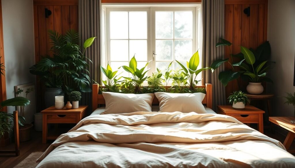 A serene bedroom sanctuary featuring warm wooden furniture elegantly arranged in a harmonious layout. In the foreground, a cozy, inviting bed with a soft, neutral-colored duvet, flanked by rustic wooden nightstands adorned with small potted plants. In the middle, vibrant greenery fills the space with lush indoor plants, such as peace lilies and ferns, strategically placed to create a calming environment. The background reveals a large window allowing soft, bright natural light to spill in, highlighting the texture of the wooden furniture and creating gentle shadows. The overall atmosphere exudes tranquility and warmth, emphasizing a connection between the natural elements and the cozy decor, perfect for relaxation and rejuvenation. Aim for a bright, airy feel with soft sunlight filtering through the window, captured from a slightly elevated angle.