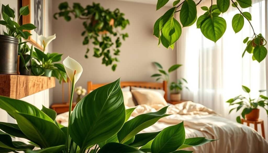 A serene bedroom sanctuary filled with lush indoor plants, such as peace lilies, snake plants, and pothos, arranged gracefully on a rustic wooden shelf and a bedside table. The foreground captures the vibrant green leaves, showcasing their texture against a cozy, lightly patterned bedding. In the middle ground, a warm wooden bed frame is dressed in soft, neutral tones, complemented by fluffy pillows. The background features a large window, allowing bright, soft sunlight to filter through sheer white curtains, casting gentle shadows. The overall atmosphere is tranquil and inviting, emphasizing relaxation and a restful environment, enhanced by the freshness of nature. Use a warm color palette and maintain a focus on realism, highlighting the beauty of indoor plants in a peaceful bedroom setting.
