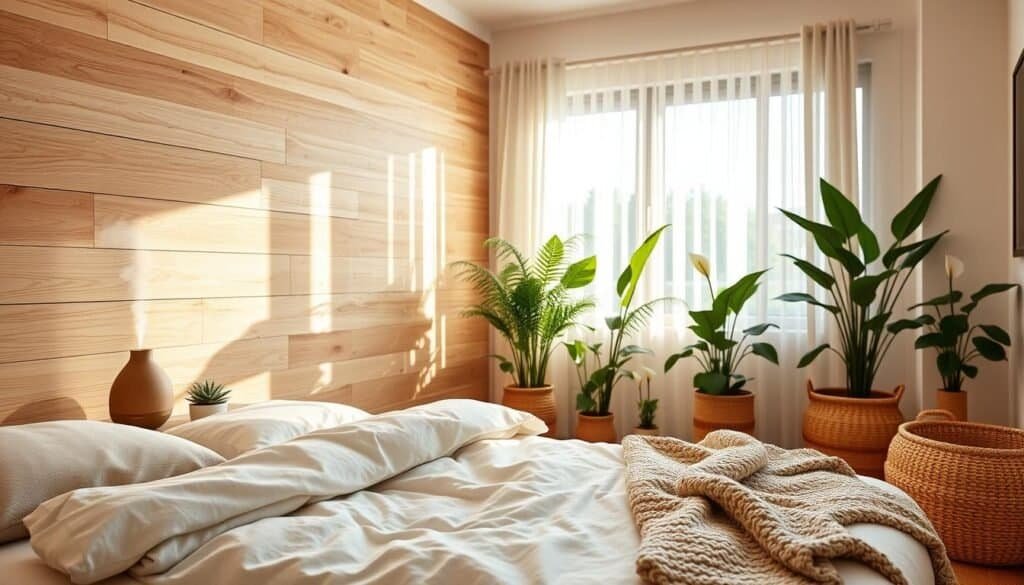 A serene bedroom sanctuary filled with natural elements, showcasing a wooden accent wall made of light oak planks. In the foreground, a plush, neutral-toned bed with soft linens and a cozy knit blanket. To the left, a bedside table crafted from reclaimed wood holds a small potted succulent and a calming diffuser emitting gentle mist. In the middle ground, a large window with sheer curtains allows bright, airy sunlight to fill the room, enhancing the natural ambiance. The background features indoor plants like ferns and peace lilies adding a touch of greenery, while a woven basket sits in the corner. The mood is tranquil and inviting, with soft, warm lighting creating a peaceful atmosphere. The scene captures a blend of modern design and natural beauty, perfect for a relaxing retreat.