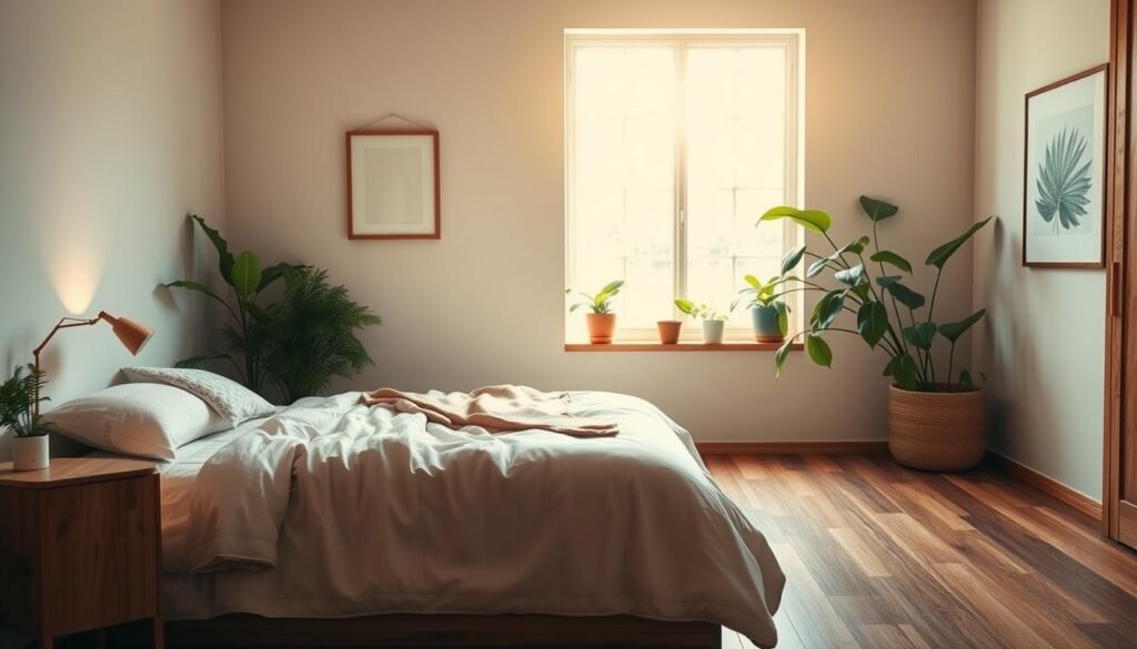 A serene bedroom sanctuary with a calming atmosphere, featuring natural wood elements and lush green plants. In the foreground, a cozy bed with soft, neutral-toned linens is positioned invitingly. To the side, a wooden nightstand holds a small potted fern and a delicate lamp casting a warm glow. In the middle, a large window allows bright, soft sunlight to bathe the room, highlighting the rich textures of the wooden floors and the leafy plants adorning the window sill. The background features a tranquil wall adorned with simple artwork, enhancing the serene vibe. The overall mood is peaceful and inviting, perfect for relaxation and rejuvenation, captured with a slightly elevated angle to showcase the harmonious blend of wood and plant life in this sanctuary.
