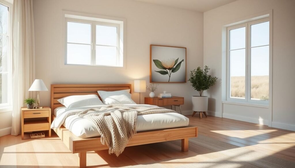 A serene bedroom scene designed to promote relaxation and better sleep. In the foreground, a chic wooden bed with soft, neutral-toned bedding and fluffy pillows invites rest. A cozy knitted throw drapes over one side of the bed. In the middle ground, an elegant bedside table holds a soft-glowing lamp and a small potted plant, enhancing the calm atmosphere. The walls are adorned with soothing, minimalist artwork depicting nature. In the background, large windows allow bright, natural light to flood the room, casting gentle shadows across the floor. The color palette features soft cream, muted greens, and warm wood tones. The overall mood is peaceful and inviting, with a sense of airy openness that encourages unwinding. The angle captures the room's spaciousness, conveying tranquility and comfort.