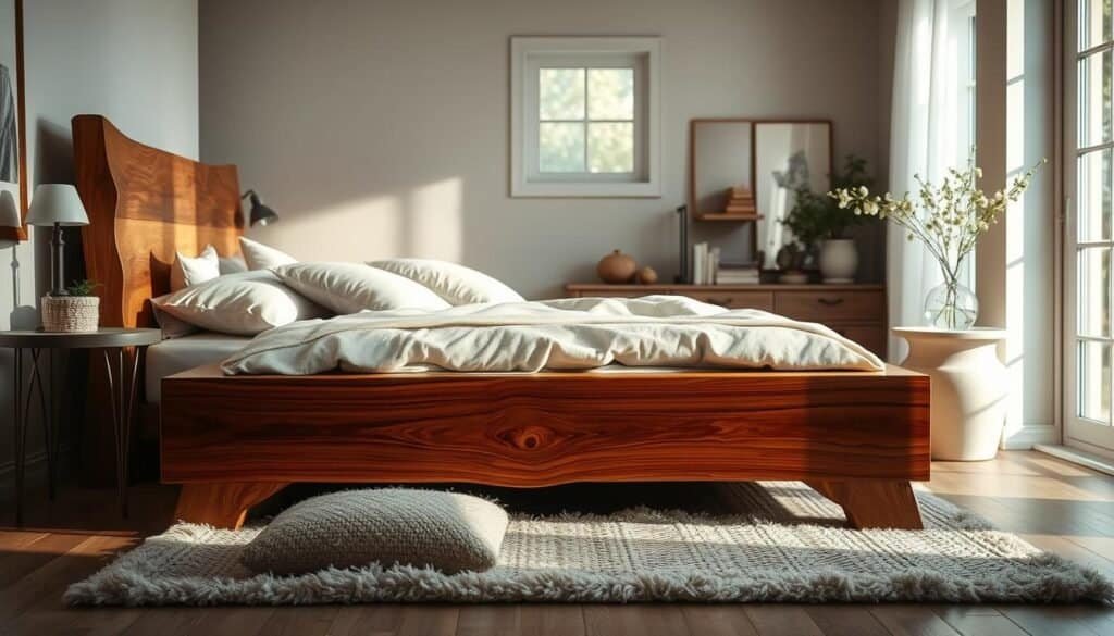 A serene bedroom scene featuring a beautiful wooden bed frame crafted from warm hardwood, showcasing organic textures and intricate grain patterns. The bed is adorned with soft, neutral bedding and carefully arranged pillows, creating a cozy atmosphere. In the foreground, a plush rug offers a touch of comfort, while a bedside table holds a delicate vase with fresh flowers. The middle of the scene captures the bed framed by gently lit windows, allowing bright, natural light to filter in and accentuate the wood's natural color. The background features softly painted walls and tasteful decor elements, enhancing the calm and restful mood of the space. The overall ambiance is tranquil and inviting, perfect for a peaceful night's sleep, captured with soft sunlight and a warm, airy feeling.