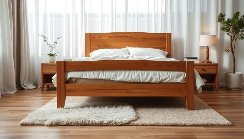 A serene bedroom scene featuring a beautifully crafted wooden bed frame as the centerpiece, showcasing its rich grain and warm tones. The bed is adorned with soft, natural-colored linens that evoke a calming atmosphere. In the foreground, a plush area rug complements the wooden floor, adding warmth. The middle ground features the bed flanked by simple wooden nightstands with minimalistic decor, such as a succulent plant and an elegant lamp. In the background, soft natural light filters through sheer curtains, casting a gentle glow across the room, enhancing the tranquil feel. The image captures a cozy, inviting ambiance, perfect for relaxation, with airy and well-lit composition emphasizing the soothing qualities of wooden decor.