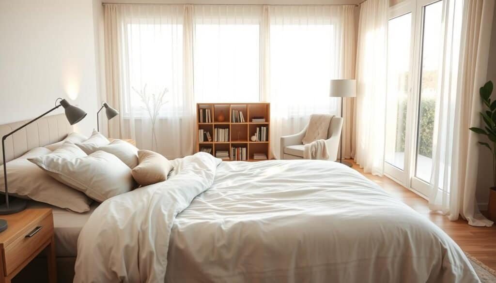 A serene bedroom scene featuring a carefully arranged furniture layout that promotes tranquility. In the foreground, a plush bed with soft, neutral bedding and a collection of inviting pillows. On either side, stylish nightstands with minimalistic lamps casting a warm, soft glow. The middle ground showcases a cozy reading nook with a comfortable chair draped in a light throw blanket, paired with a small bookshelf filled with peaceful reading material. In the background, large windows allow bright, natural light to filter in, illuminating the space with a gentle radiance. Light, airy curtains flutter slightly in the breeze, complementing pale wall colors and wooden elements that create a calming atmosphere. The overall mood evokes relaxation and peace, ideal for winding down at the end of the day.