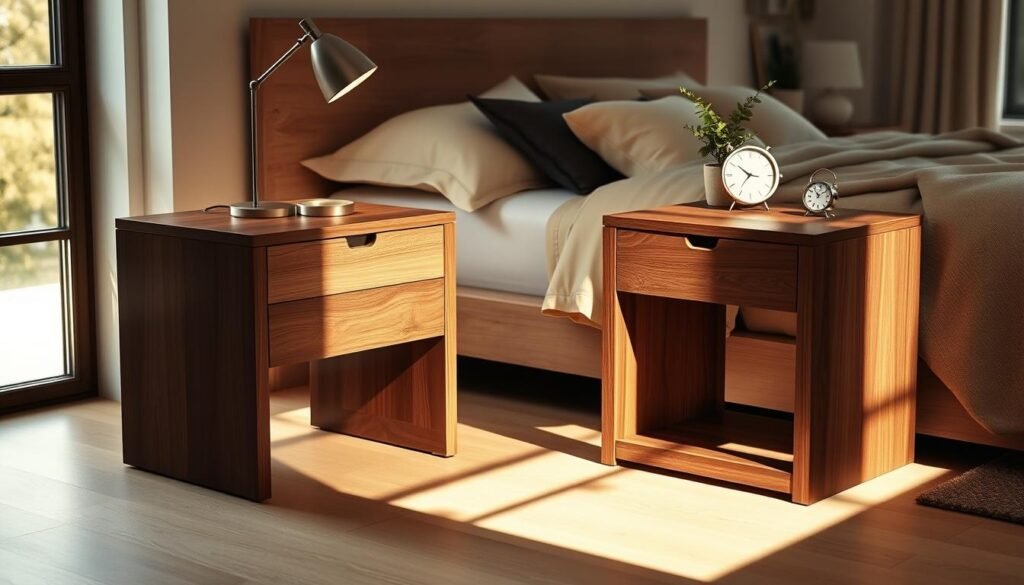 A serene bedroom scene featuring a pair of elegant wooden bedside tables, crafted from rich walnut and oak. The tables showcase clean lines, with a smooth finish and subtle grain patterns, highlighting their artisanal quality. On one table, a stylish table lamp emits a warm glow, casting soft light across the room. The other table hosts a minimalist clock and a small potted plant, adding a touch of greenery. The background reveals a cozy, inviting bed with layered textiles in soft, neutral tones. Natural light streams in through a nearby window, enhancing the warm atmosphere and creating gentle shadows. Capture this scene from a slightly elevated angle to emphasize the harmony of function and style in the space, evoking a sense of comfort and tranquility.