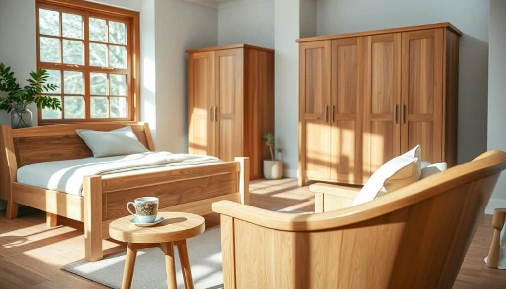 A serene bedroom scene featuring natural wood furniture, showcasing a beautifully crafted wooden bed frame with a soft, neutral-colored bedding set. In the foreground, a cozy armchair made of light oak invites relaxation, accompanied by a small side table with a steaming cup of herbal tea. The middle ground captures an elegantly designed dresser and a spacious wardrobe, both flaunting the rich grain of the wood. Bathed in bright, natural light streaming through a large window, the room exudes a calming atmosphere. Soft sunlight casts gentle shadows, enhancing the warm tones of the wood. The background includes a potted indoor plant, adding a touch of greenery, creating an airy and inviting ambiance perfect for unwinding and relaxation.