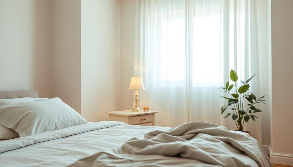 A serene bedroom scene featuring soft, ambient lighting that creates a calming atmosphere. In the foreground, a neatly made bed with fluffy white pillows and a light grey blanket complements the tranquility. In the middle, an elegant bedside table holds a small table lamp emitting a warm, gentle glow, casting subtle shadows. The walls are painted in soft pastel colors, enhancing the feeling of spaciousness and peace. In the background, a large window allows soft sunlight to filter in, illuminating sheer white curtains that billow slightly in a faint breeze. A touch of greenery from a potted plant adds a refreshing element. The overall mood is peaceful and inviting, perfect for relaxation.