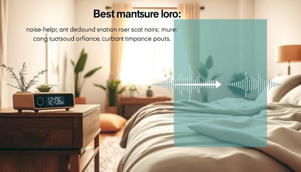 A serene bedroom scene illustrating a detailed noise profile concept. In the foreground, a stylish wooden nightstand holds a small sound meter displaying decibel levels. The middle ground features a cozy bed with soft, neutral bedding, surrounded by plants and sound-absorbing materials like plush curtains and rugs. The background reveals a bright window with soft sunlight streaming in, creating an airy ambiance. The room is well-decorated, emphasizing comfort and tranquility, with muted colors and natural textures. The overall lighting is warm and inviting, contributing to a peaceful atmosphere, highlighting the importance of understanding noise levels for a restful sleep environment.