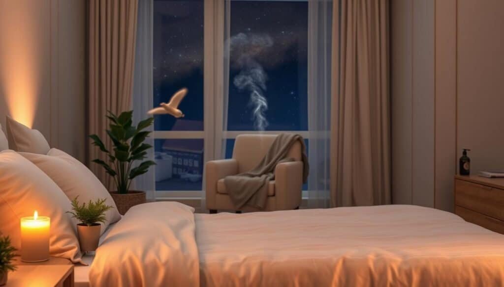 A serene bedroom scene illustrating a peaceful nighttime routine. In the foreground, a neatly made bed with soft, calming colors, adorned with plush pillows and a lightweight blanket. On a bedside table, a lit candle casts a warm, gentle glow beside a small potted plant, adding a touch of nature. In the middle ground, a comfortable armchair draped with a cozy throw, inviting relaxation and reading. A calming essential oil diffuser softly misting in the corner. The background features softly drawn curtains allowing glimpses of the starry night sky through a window, creating a tranquil atmosphere. The lighting is warm and subdued, evoking a sense of calmness and comfort, perfect for promoting sound sleep. The overall mood is serene and restful, ideal for nighttime tranquility.