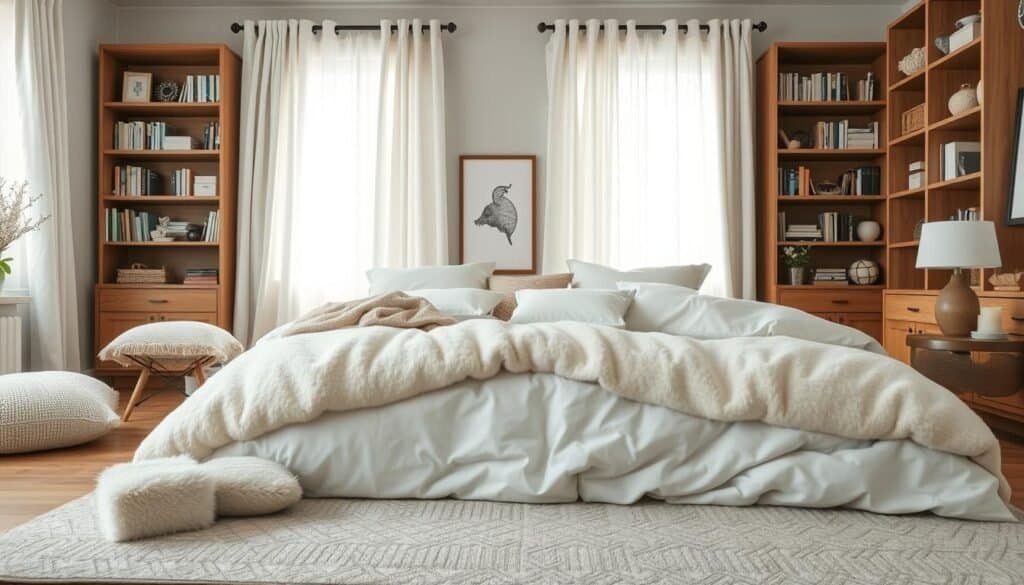 A serene bedroom scene showcasing an array of soft furnishings designed for noise reduction. In the foreground, a plush, oversized bed adorned with fluffy white pillows and a thick, textured comforter. Scattered cozy throw blankets in soft pastels add warmth and comfort. In the middle, a stylish area rug with a muted pattern sits beneath the bed, enhancing the acoustic quality. Enveloping curtains gently filter in bright natural light, casting a soft glow on the wooden furniture. The background features bookshelves filled with neatly arranged books and decorative items that add a personal touch without clutter. The atmosphere is tranquil and inviting, evoking a sense of peacefulness and relaxation. The image captures the essence of a quiet oasis, free from disruptive noise, with a focus on comfort and aesthetic charm.