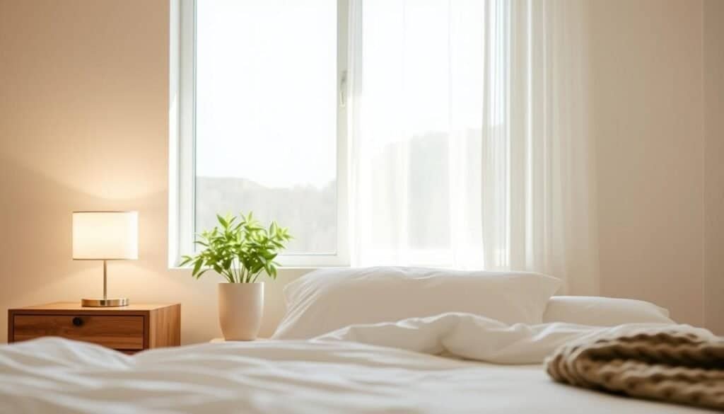 A serene bedroom scene showcasing effective lighting strategies. In the foreground, a cozy bed with crisp white linens and soft, textured pillows invites relaxation. Beside the bed, a minimalist wooden nightstand holds an elegant, dimmable bedside lamp emitting a warm glow. In the middle background, a large window lets in bright natural light, softly illuminating the room while casting gentle shadows. The walls are painted in calming pastel hues, enhancing the tranquil atmosphere. Silhouetted in sunlight, a potted plant adds a touch of greenery, while sheer curtains flutter lightly in a soft breeze. The overall mood is peaceful and inviting, spotlighting how thoughtful lighting can create a cozy, clutter-free environment.
