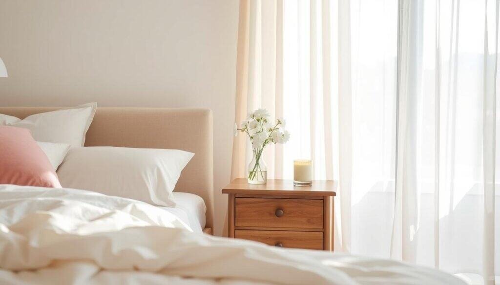 A serene bedroom scene showcasing soft color palettes, featuring gentle pastel tones such as light pinks, soft blues, and muted greens. In the foreground, a beautifully made bed with fluffy white bedding and decorative pillows in coordinating soft colors. The middle ground includes a stylish wooden nightstand holding a small vase of fresh white flowers and a calming scented candle. In the background, airy sheer curtains gently filter bright natural sunlight, creating a warm, inviting glow throughout the space. The overall atmosphere is tranquil and cozy, evoking a sense of relaxation and comfort. The image should capture the essence of a peaceful retreat, with a clean, realistic home décor aesthetic.