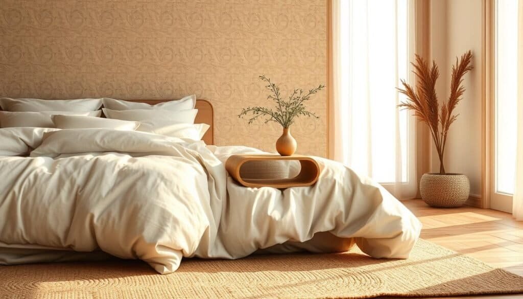 A serene bedroom scene showcasing soft textures and natural materials. In the foreground, a plush, neutral-colored bed adorned with a cozy, fluffy duvet and oversized pillows made from organic cotton and linen. Layered rugs of natural fibers like jute and wool create an inviting floor space. In the middle, a wooden nightstand with a curved, minimalist design holds a delicate vase with fresh greenery, reflecting a harmonious blend of wood and softness. The background features softly patterned wallpaper in muted earth tones, and large windows allow bright, diffused sunlight to filter in, casting gentle shadows. The overall mood is calm and tranquil, evoking a sense of relaxation and simplicity. Emphasize warm, natural lighting to enhance the inviting atmosphere.