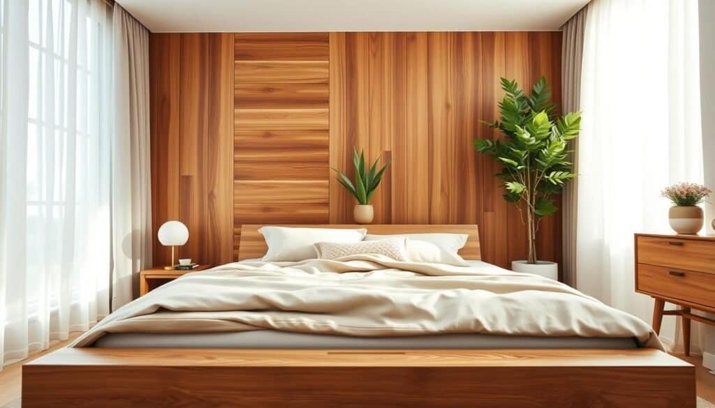 A serene bedroom scene showcasing sustainable wood options, featuring a stylish wooden bed frame crafted from reclaimed oak in the foreground. The bedding is natural linen in soft, earthy tones. In the middle, a wooden accent wall made from bamboo panels adds warmth and texture, while a small indoor plant in a handcrafted ceramic pot enhances the eco-friendly theme. The background reveals a large window with sheer curtains, allowing bright, soft sunlight to flood the room, creating an airy atmosphere. The color palette is warm and inviting, emphasizing natural materials. Capture the essence of relaxation and sustainability with a slight depth of field, using a wide-angle lens to give a spacious feel to the scene.