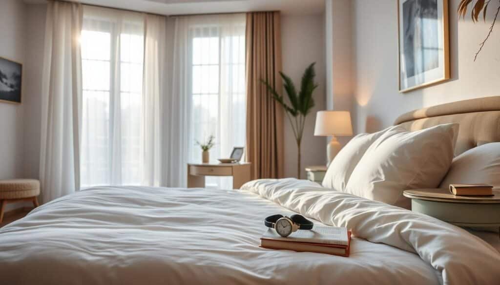 A serene bedroom scene showcasing the duality of noise and sleep quality. In the foreground, a neatly made bed with fluffy pillows and a soft, inviting duvet to symbolize comfort. The middle ground features an elegant nightstand with a small alarm clock, a softly glowing lamp, and a pair of earmuffs resting beside a book, representing noise interruption. In the background, large windows letting in soft natural sunlight, revealing subtle curtains billowing gently, emphasizing tranquility. The wall is adorned with calming artwork, and a plush rug adds warmth to the wooden floor. The overall atmosphere is peaceful and airy, reflecting harmonious sleep amid hints of disturbance, rendered in bright, soft lighting to evoke serenity and comfort.
