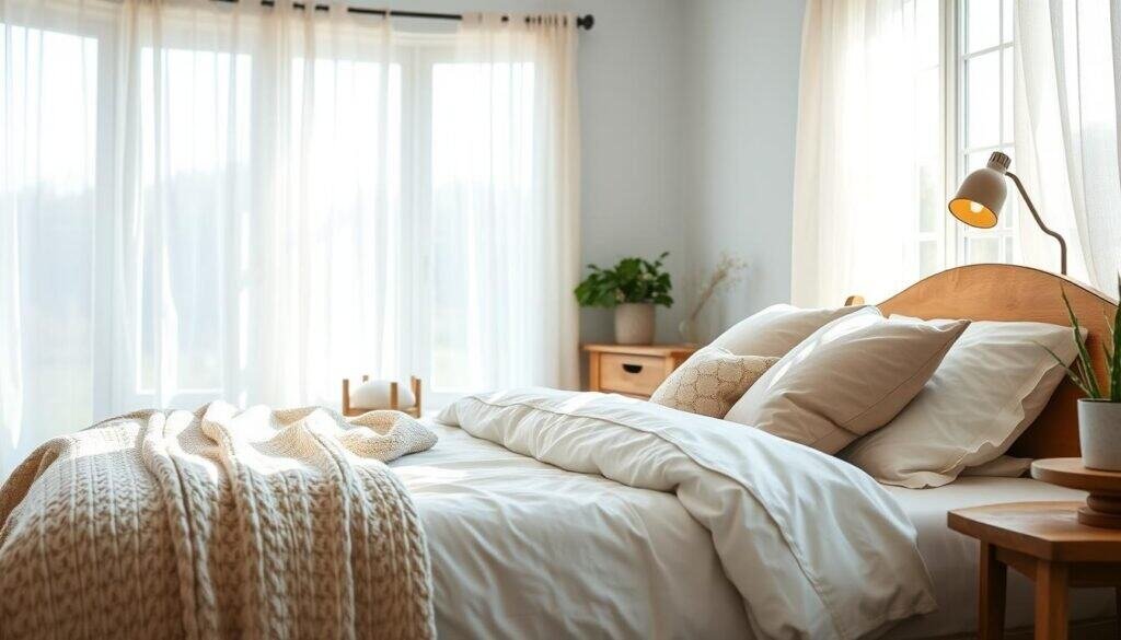 A serene bedroom scene that embodies color psychology for a restful environment. In the foreground, a beautifully made bed with soft, neutral-toned bedding in shades of light blue and gentle beige, accessorized with cozy pillows and a plush throw blanket. The middle ground features a rustic wooden nightstand holding a small potted plant and a softly glowing lamp, casting warm light across the room. The walls are painted in calming pastel hues, promoting a tranquil atmosphere. In the background, large windows allow bright natural light to flood in, with sheer white curtains fluttering gently in the breeze, illuminating the space with soft sunlight. The overall mood conveys comfort and peace, encouraging relaxation and restorative rest.