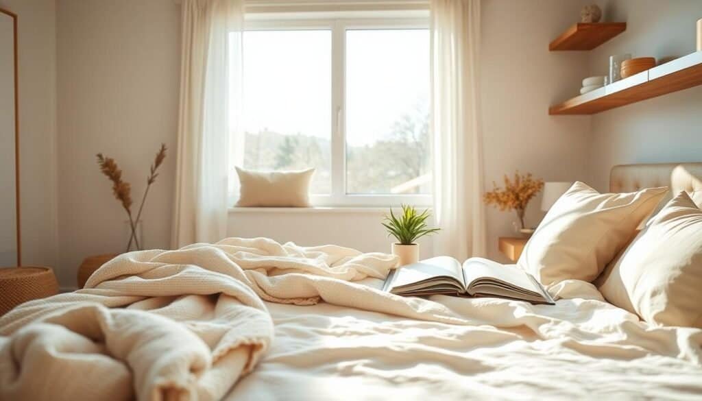 A serene bedroom setting designed for relaxation, featuring soft, textured fabrics and natural materials. In the foreground, a plush, inviting bed with layered blankets and a variety of decorative pillows, all in neutral tones and soft pastels. The middle layer includes a stylish nightstand adorned with a small potted plant and an open book, creating a cozy atmosphere. The background showcases a large window allowing bright, natural light to stream in, illuminating the room with a warm, airy feel. The walls are painted in soothing colors, and wooden accents, such as a headboard and floating shelves, add warmth and charm. The overall mood is tranquil and inviting, perfect for promoting relaxation and restful sleep. Bright sunlight filters in, enhancing the calm ambiance.