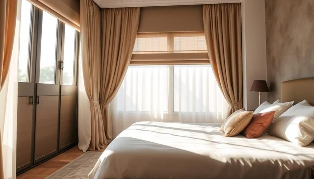 A serene bedroom setting featuring elegant window treatments designed for sound blocking. In the foreground, luxurious curtains in thick, plush fabric, draping elegantly to the floor, complemented by stylish acoustic window panels. The middle ground showcases a soft bed with calming neutral tones and decorative pillows, creating an inviting atmosphere. In the background, bright natural light filters through the layered window treatments, casting soft shadows across the room. The overall mood is tranquil and peaceful, ideal for a restful retreat. The scene is well-lit with a warm, airy feel, highlighting the textures of the fabrics and the cozy ambiance of the space.