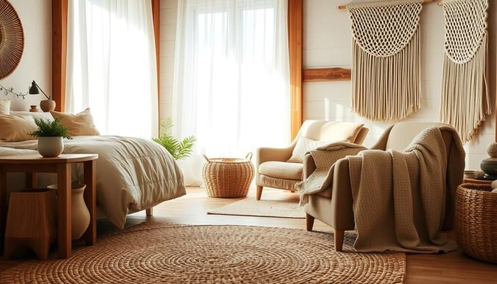 A serene bedroom setting featuring natural fibers used in decor, showcasing a cozy bed dressed in soft linen and quilted cotton in earthy tones. In the foreground, a woven jute rug adds texture beneath a wooden bedside table adorned with a small potted plant. The middle ground captures a plush armchair draped with a lightweight wool throw, while an intricately woven macramé wall hanging adds depth to the space. The background is bathed in bright, soft sunlight streaming through sheer curtains, illuminating warm wooden accents and creating an airy atmosphere. The scene conveys tranquility and comfort, inviting a sense of relaxation and warmth through its layered textures and harmonious elements.