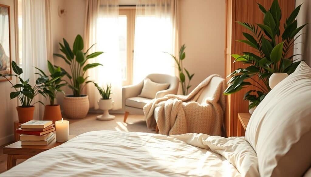 A serene bedroom setting illustrating mindful bedroom rituals. In the foreground, a neatly made bed adorned with soft, neutral-toned linens and plush pillows invites relaxation. On a bedside table, a lit candle radiates warm light next to a small stack of books and a steaming cup of herbal tea, symbolizing tranquility. In the middle, a cozy reading nook features a comfortable armchair draped with a knitted throw, bathed in soft sunlight filtering through sheer curtains. The background reveals warm wooden accents, a softly painted wall in calming colors, and lush indoor plants, enhancing the cozy atmosphere. The lighting is bright and natural, creating an airy feel that fosters warmth and peace, ideal for winding down at the end of the day.