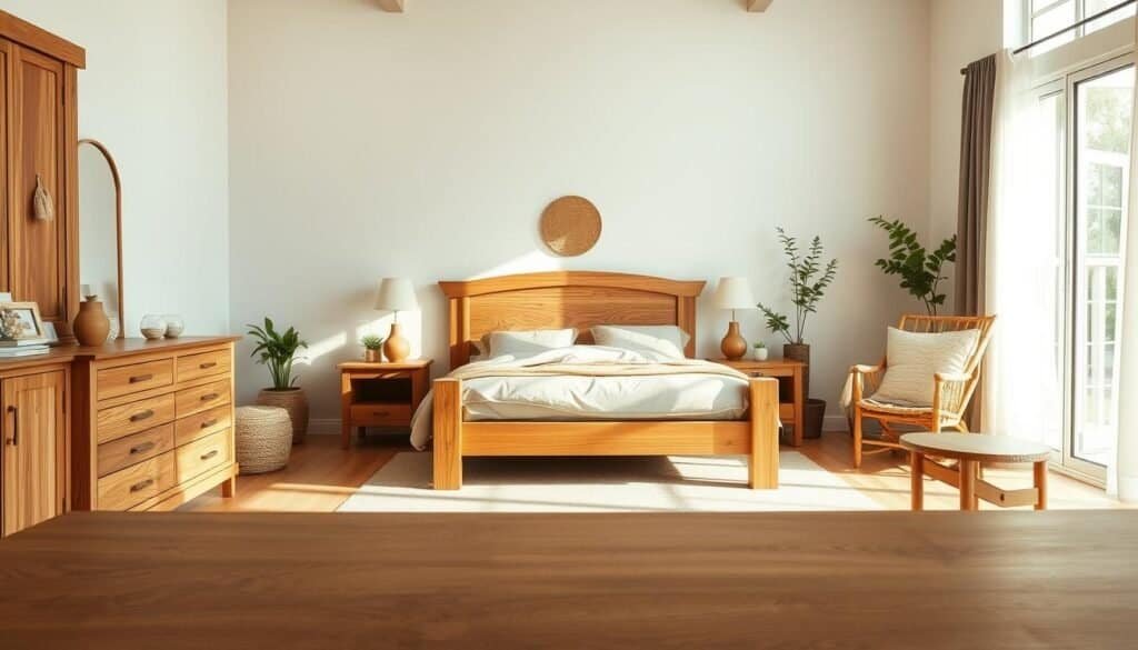 A serene bedroom setting showcasing a variety of natural wood furniture pieces, including a beautifully crafted wooden bed frame with elegant headboard, a rustic nightstand, and a cozy reading chair. In the foreground, soft, natural light cascades through a large window, illuminating the rich grain of the wood and casting gentle shadows. The middle ground features a softly made bed adorned with neutral-toned bedding, paired with calming decor elements like potted plants and woven textiles. In the background, serene wall colors complement the wood, creating a tranquil atmosphere. The shot is taken from a slight angle, giving depth to the room and enhancing the sense of peaceful retreat, with bright, airy lighting to evoke a warm, inviting mood.