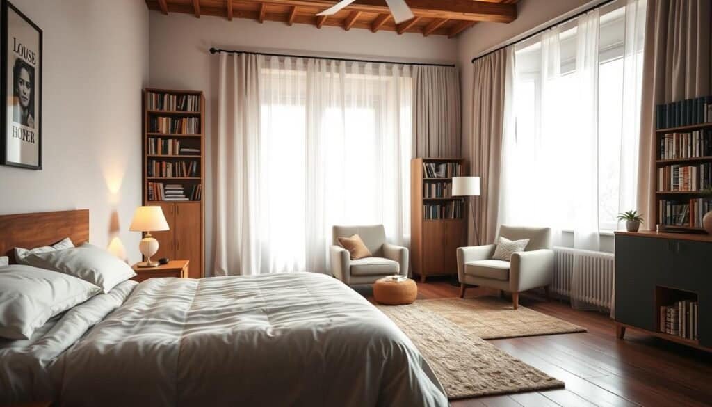A serene bedroom setting showcasing strategic furniture placement aimed at noise reduction. In the foreground, a plush bed with soft linens, strategically positioned away from windows and walls to minimize sound infiltration. A bedside table with a small, peaceful lamp emitting warm, soft light enhances the tranquil atmosphere. In the middle ground, a cozy armchair placed in a corner, with a thick area rug underfoot to absorb sound. Bookshelves lined with books act as sound barriers against the walls. In the background, large curtains drape over the windows, lightly billowing in the gentle breeze. Bright natural light floods the room through the curtains, highlighting the peaceful ambiance. The overall mood is calm and inviting, perfect for rest and relaxation.