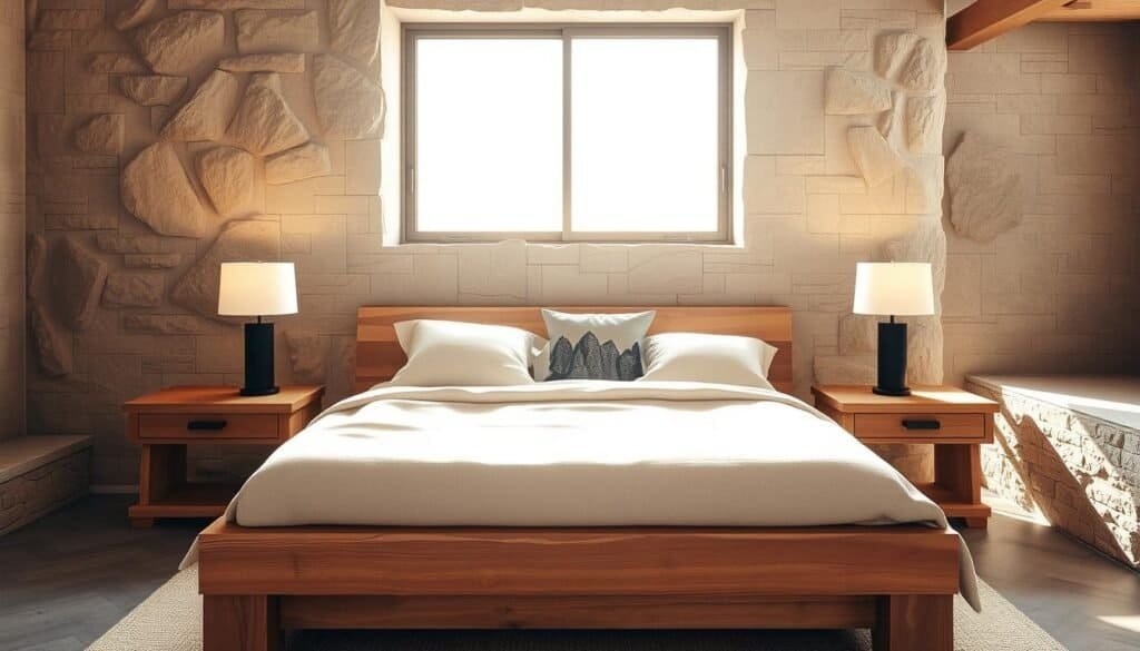 A serene bedroom showcasing rustic sophistication through stone and concrete decor. In the foreground, a stylish wooden bed frame set against a textured stone wall, adorned with soft bedding in neutral tones. On either side, elegant bedside tables made of reclaimed wood, topped with minimalist lamps casting soft, warm light. In the middle, a cozy seating area featuring a plush chair with a stone-patterned cushion, inviting relaxation. The background displays a large window allowing bright natural light to flood the room, highlighting the intricate stone textures. The atmosphere is warm and inviting, accentuated by soft sunlight streaming in, creating gentle shadows that enhance the room’s organic feel. The overall composition evokes a sense of calm, showcasing the harmonious blend of rustic elements with modern comforts.