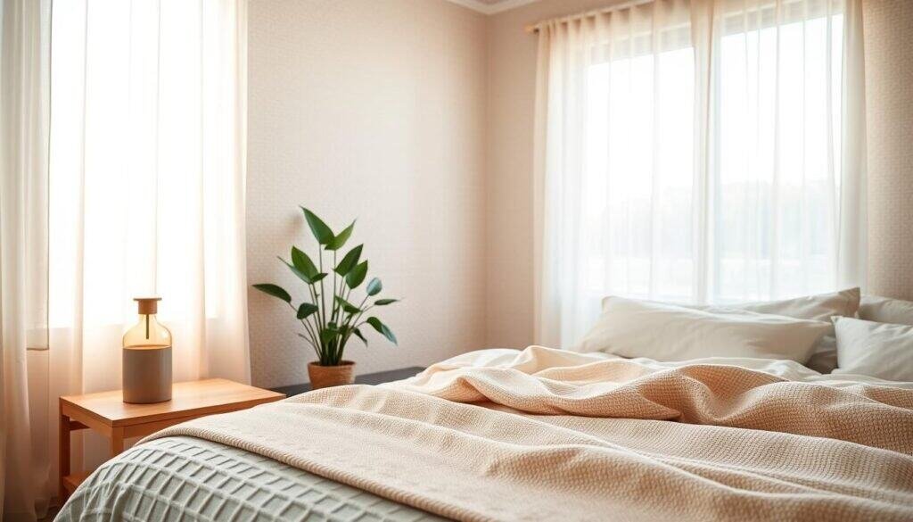 A serene bedroom space designed for tranquility, featuring a cozy bed with soft, neutral-colored linens, and a light woven throw. In the foreground, a wooden bedside table holds a minimalist lamp emitting warm, soft sunlight, creating a peaceful ambiance. The middle ground showcases a gracefully arranged indoor plant, adding a touch of nature. The background reveals a large window with sheer curtains allowing bright, airy natural light to fill the room, enhancing the feeling of openness. Warm wooden elements and subtle textured wallpaper complete the calming atmosphere. Capture the scene with a soft focus, emphasizing the warmth and simplicity, using a wide-angle lens to convey a spacious and inviting environment that inspires relaxation and authentic calmness.