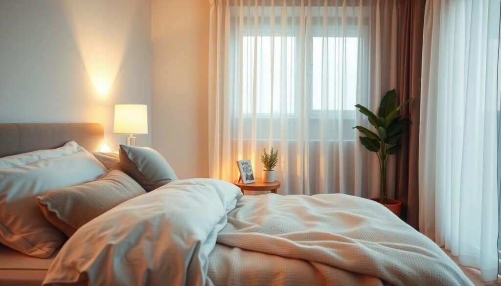 A serene bedroom with layered lighting that creates a soothing atmosphere. In the foreground, a neatly made bed with soft, inviting linens and a cozy throw blanket, accented by decorative pillows. The middle features a stylish bedside lamp casting a warm, soft glow, alongside a small wooden bedside table with a favorite book and a potted plant. In the background, softly draped sheer curtains allow gentle natural light to filter in, enhancing the warmth in the room. The walls are painted in calming pastel colors that reinforce relaxation. An airy feel is achieved through a wide-angle lens, capturing the peaceful ambiance, while the lighting emphasizes security and comfort. The overall mood is one of tranquility and ease, making it an ideal retreat for rest and relaxation.