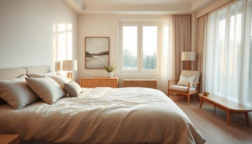 A serene beige color bedroom designed for ultimate relaxation. In the foreground, a plush, neutral-toned bed with soft, textured bedding and decorative pillows. The middle features an elegant nightstand adorned with a small potted plant and a calming abstract painting on the wall behind. The background showcases large windows allowing soft, natural sunlight to flood the room, highlighting the warm tones of the wood furniture and the subtle grain of the flooring. A cozy armchair in the corner invites reading, while a light, airy curtain gently sways with a breeze. The atmosphere exudes calmness and support, with a focus on harmony and tranquility. Photographed with a soft focus lens to enhance the dreamy quality of the space.