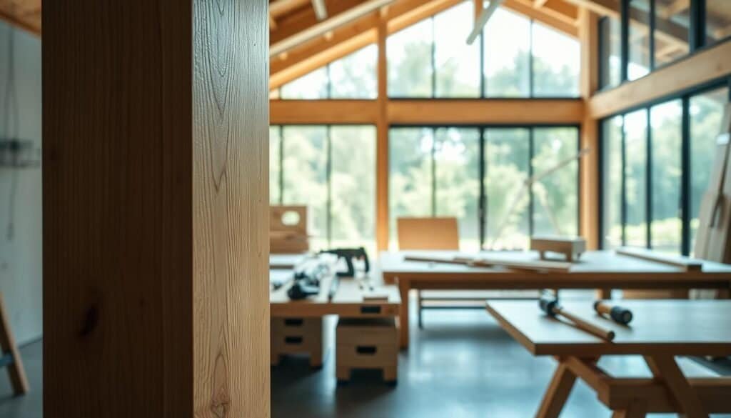 A serene construction scene featuring elegant architectural details, capturing the essence of thoughtful design. In the foreground, a beautifully crafted wooden beam with intricate joinery, showcasing natural grains and textures. The middle ground displays a tranquil workspace filled with soft sunlight streaming through large windows, illuminating polished surfaces and minimalistic tools arranged neatly. In the background, a well-defined silhouette of a modern structure under construction, blending seamlessly with lush greenery outside. The atmosphere is calm and inspiring, evoking a sense of peace and focus. The lighting is bright and airy, with an emphasis on natural light enhancing the woodworking details. The angle captures the depth and dimensionality of the space, inviting contemplation and appreciation for the artistry of construction.