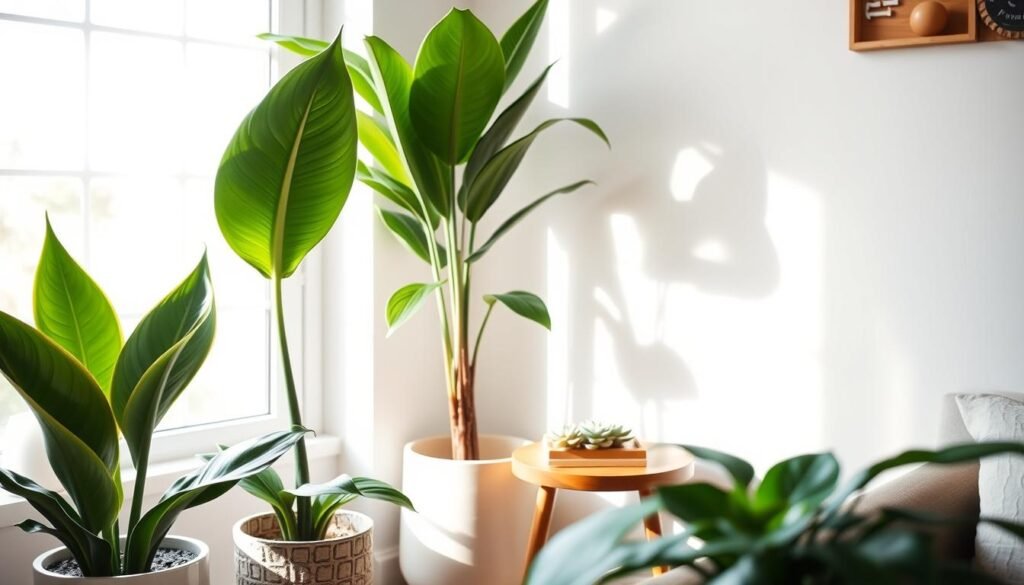 A serene corner of a cozy room adorned with the best plants for corner spaces. In the foreground, a tall, elegant Snake Plant and a lush Peace Lily are positioned in stylish ceramic pots, showcasing their vibrant green leaves. The middle ground features a wooden side table with a small succulent arrangement, creating a warm, inviting atmosphere. The background reveals a softly lit window, allowing bright, natural sunlight to filter in, casting gentle shadows and highlighting the textures of the leaves. The overall ambiance is calm and soothing, perfect for creating peaceful spaces. Use a wide-angle lens to capture the scene, emphasizing the balance between the plants and the light, enhancing the feeling of tranquility and organic beauty.