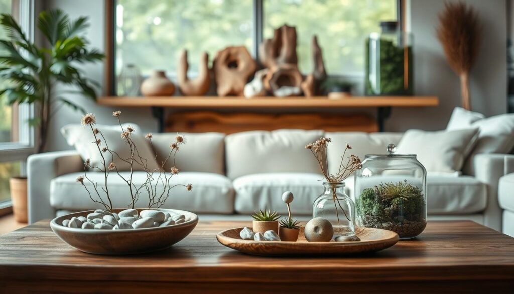 A serene, cozy living space showcasing creative displays of natural elements. In the foreground, an elegantly arranged wooden coffee table adorned with various textures: a shallow bowl filled with smooth pebbles, a group of delicate air plants in terracotta pots, and a small glass vase with wildflowers. The middle section features a stylish shelf displaying rustic wooden pieces, driftwood sculptures, and a collection of moss in a clear glass terrarium. In the background, large windows allow soft, diffused sunlight to illuminate the space, creating a warm atmosphere. The color palette includes earthy tones, greens, and natural wood grain. The mood is calming and grounded, emphasizing the connection between nature and interior design, captured from a slightly elevated angle to enhance depth.