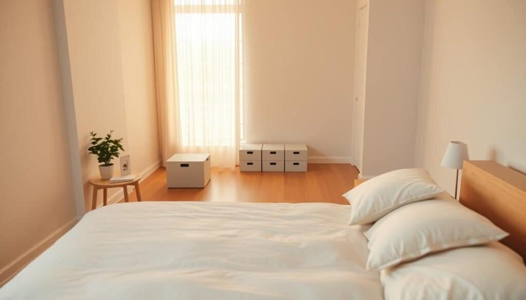 A serene, decluttered bedroom scene emphasizing calm and tranquility. In the foreground, a neatly made bed with soft, neutral-colored linens, arranged with a couple of plush pillows. To the side, a minimalist bedside table holding a small potted plant and a calming book. In the middle, a spacious area with hardwood flooring, showcasing a few organized storage boxes discreetly tucked away, suggesting order. The background features warm, natural light streaming through a large window adorned with sheer curtains, illuminating the room and creating a soft, inviting atmosphere. The walls are painted in soothing pastel tones, contributing to the sense of peacefulness. Overall, the image embodies a grounded and supportive environment, perfect for inducing mental clarity and improving sleep.