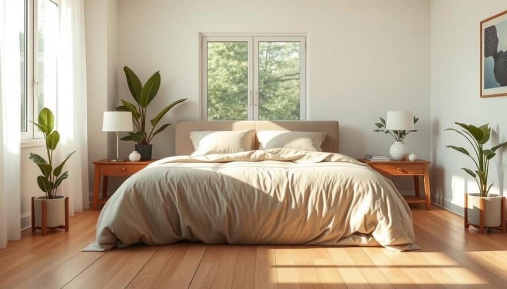 A serene digital-free bedroom sanctuary, featuring a cozy, minimalist design with calming neutral tones. In the foreground, a plush, softly textured bed with an organic cotton duvet, adorned with gentle earth-toned pillows. On either side, wooden bedside tables with simple, elegant lamps emit a warm, inviting glow. The middle ground reveals a large window allowing soft, natural sunlight to filter in, casting gentle shadows on the wood floor. Lush potted plants in the corners add a touch of nature, enhancing the tranquil atmosphere. The background showcases subtle artwork on the walls, enhancing the calm aesthetic. The lighting is bright yet soft, creating an airy feel that invites relaxation and rejuvenation, emphasizing the essence of a digital detox environment.