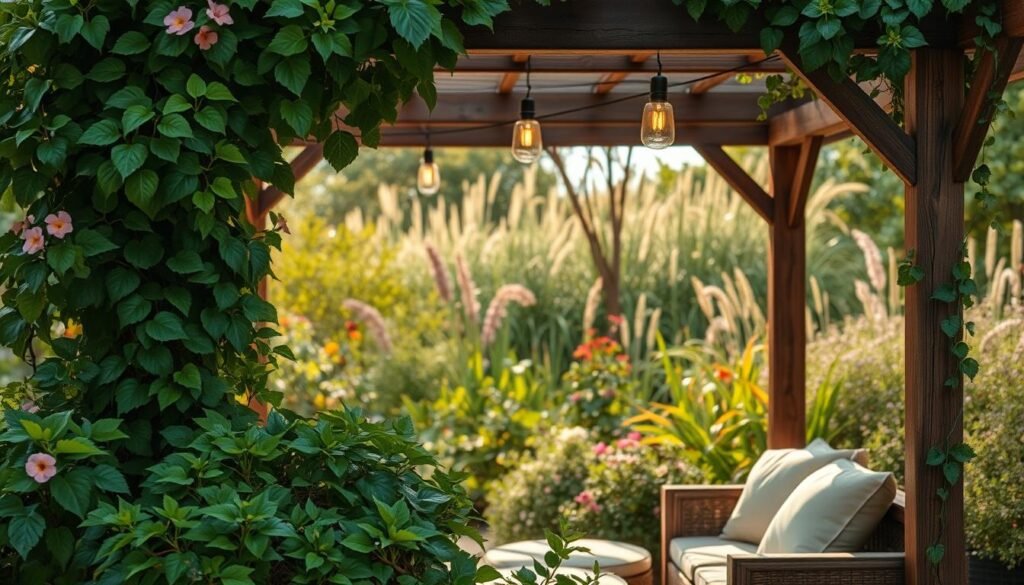 A serene garden corner featuring a rustic wooden structure, such as a pergola entwined with climbing vines and colorful flowering plants. In the foreground, lush green foliage surrounds a comfortable seating area with soft cushions, inviting relaxation. The middle ground showcases the wooden structure adorned with gentle hanging lights, creating a cozy atmosphere. The background consists of a vibrant garden filled with blooming flowers and tall grasses, bathed in the warm glow of soft sunlight filtering through the leaves. The scene is captured from a slightly elevated angle to highlight the harmonious blend of nature and craftsmanship. The overall mood is tranquil and welcoming, perfect for a secluded outdoor retreat.