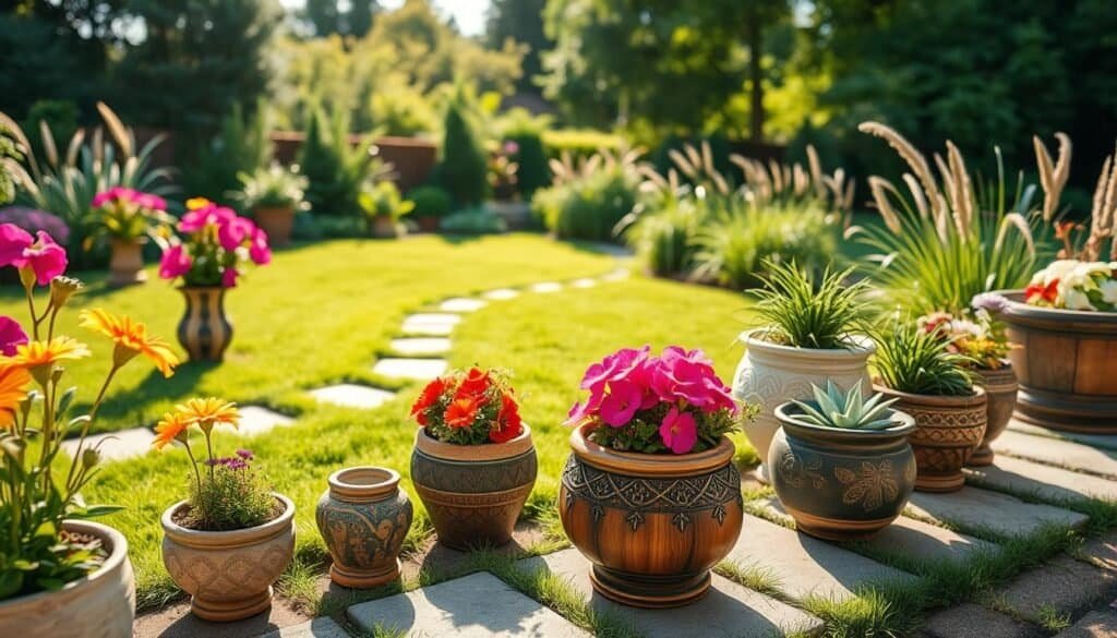 A serene garden design featuring various decorative pots filled with vibrant flowers and lush greenery. In the foreground, showcase a selection of intricately designed ceramic and wooden pots, each containing colorful blooms like petunias, succulents, and ferns. The middle ground reveals a well-manicured lawn, bordered by stone pathways leading to the pots, complementing the natural beauty. In the background, incorporate soft-focus elements such as tall grasses and distant trees bathed in soft sunlight, creating an inviting and tranquil atmosphere. Use a wide-angle perspective to capture the expansiveness of the space, with bright natural light illuminating the scene, enhancing the feeling of calm and relaxation in this outdoor oasis.