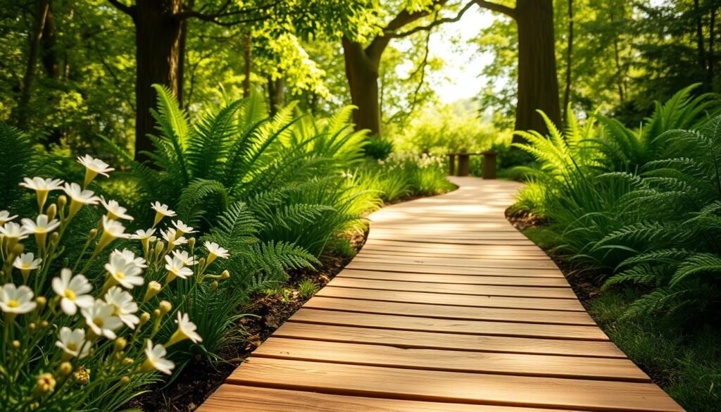 A serene garden path made of warm, weathered wooden planks, gently curving through vibrant greenery. In the foreground, delicate flowers in soft pastel colors bloom alongside the pathway, their petals glistening in the soft sunlight. The midground features lush ferns and a few small shrubs, partially framing the walkway, while in the background, tall trees create a natural canopy, filtering in bright, airy light. The scene exudes tranquility, inviting viewers to take a mindful journey through nature. The lighting is bright and natural, suggesting mid-morning, with soft shadows enhancing the textures of the wood and foliage. Capture this peaceful atmosphere from a slightly elevated angle, showcasing the depth and elegance of the garden space.
