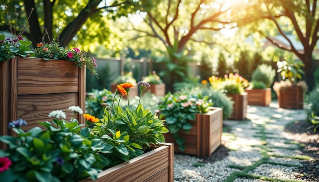A serene garden scene featuring beautifully crafted wooden garden planters, intricately detailed with natural wood grains and earthy tones. In the foreground, a variety of lush green plants and vibrant flowers spill over the edges of the planters, showcasing their nurturing qualities. The middle ground reveals a gently curved pathway, lined with more planters, creating a harmonious flow. In the background, soft sunlight filters through leafy trees, casting dappled shadows that enhance the tranquil atmosphere. The overall composition is airy and well-lit, emphasizing the calming effect of wood accents in a garden setting. The image should evoke feelings of relaxation and warmth, highlighting the wooden planters as focal points in this inviting outdoor space.