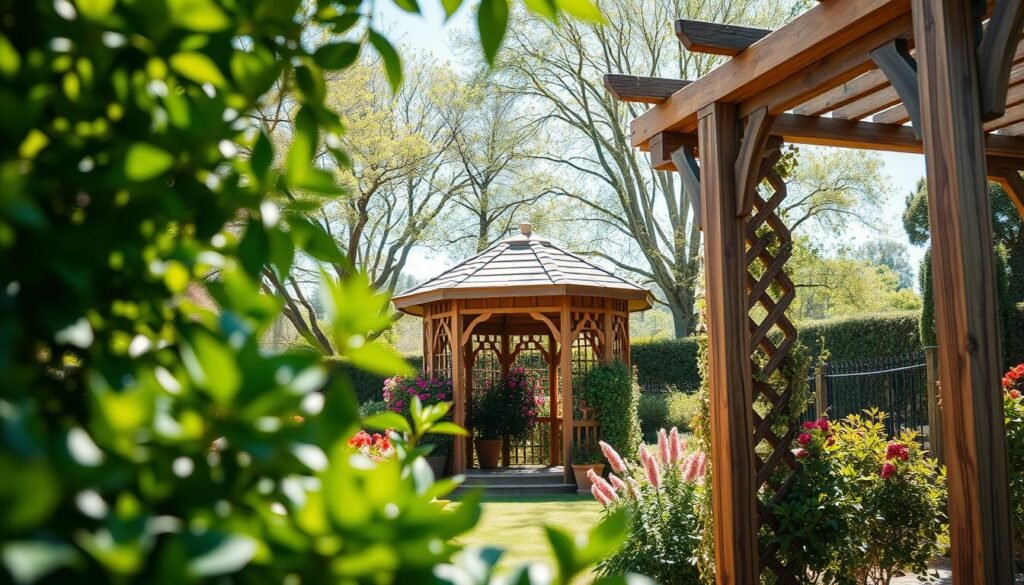 A serene garden scene featuring beautifully crafted wooden structures, including a rustic gazebo and intricately designed trellis adorned with climbing plants. In the foreground, lush greenery frames the structures, enhancing their natural appeal. The middle ground showcases the gazebo, made from rich, weathered wood, invitingly surrounded by vibrant flowering plants. In the background, sun-dappled trees provide a soft contrast against the bright blue sky. The atmosphere is warm and inviting, illuminated by soft, natural sunlight filtering through the leaves, creating playful light patterns on the ground. The composition is shot at a slight angle to capture the depth and texture of the wood, with a focus on the craftsmanship of the garden elements.
