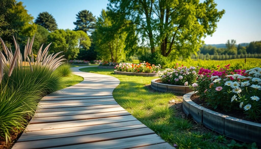 A serene garden scene featuring meandering wood pathways bordered by lush greenery and vibrant flower beds. In the foreground, rustic wooden planks create a natural and inviting walkway, flanked by ornamental grasses and colorful blossoms in soft pastel hues. The middle ground showcases well-maintained flower beds with a variety of plants, while the background reveals a soft-focus landscape of tall trees under a clear blue sky. The lighting is bright and natural, with soft sunlight filtering through the leaves, casting gentle shadows on the pathways. The atmosphere is tranquil and uplifting, perfect for inspiring outdoor styling ideas. Capture this picturesque scene from a low angle to emphasize the pathway's inviting curves and the beauty of the surrounding flora.