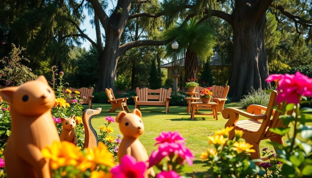 A serene garden scene featuring whimsical wooden accents that evoke joy and tranquility. In the foreground, intricately carved wooden sculptures of playful animals blend with vibrant blooming flowers. The middle ground showcases whimsical wooden furniture, like a curved bench and a small table, adorned with potted plants. In the background, towering trees bathed in soft sunlight create a warm, inviting atmosphere. The setting is filled with bright natural light, giving a feeling of openness. Captured with a wide-angle lens to emphasize space, the image conveys a peaceful, joyful mood, perfect for a calm retreat. The overall scene should be airy and well-lit, reflecting the delightful charm of woodwork in a garden setting.