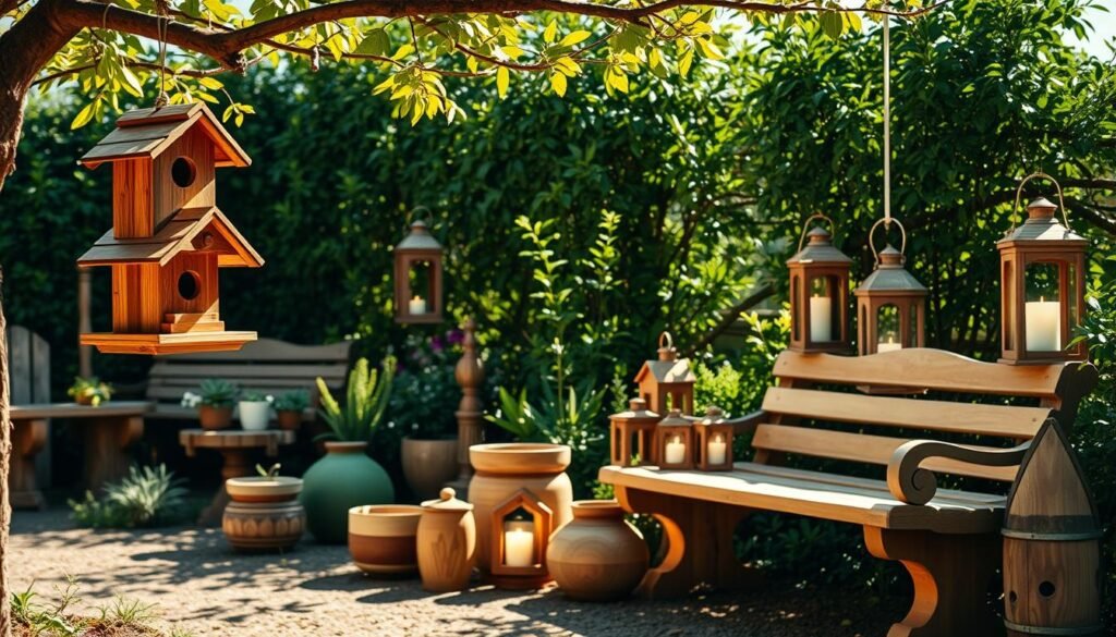 A serene garden scene showcasing a variety of wooden garden accessories and decor. In the foreground, a beautifully crafted wooden birdhouse hangs from a tree branch, while a rustic wooden bench with a natural finish invites relaxation. The middle ground features an assortment of hand-carved wooden plant pots and decorative wooden lanterns adorned with soft, flickering candles. The background reveals lush greenery illuminated by soft sunlight, creating a warm and inviting atmosphere. The lighting is bright and natural, casting gentle shadows that enhance the textures of the wood. The overall mood is peaceful and inviting, perfect for an outdoor retreat. The image is framed from a slightly elevated angle to capture the depth and layering of the garden space.