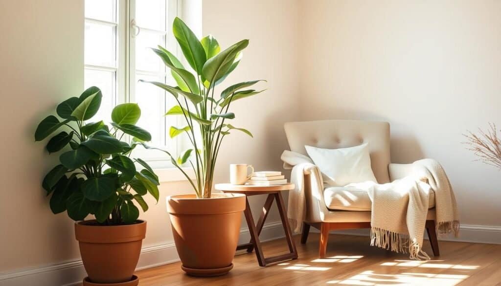 A serene indoor corner featuring a large leafy rubber plant in a stylish terracotta pot, positioned next to a vintage wooden side table. The scene is bathed in soft, bright natural light filtering through a nearby window, casting gentle shadows on the floor. In the background, a cozy armchair draped with a light, woven throw complements the plant, enhancing the calming atmosphere. The walls are painted a soft pastel hue, creating a harmonious and grounded space. An assortment of small decorative items, like a ceramic mug and a stack of books, rests on the table. The overall mood is tranquil and inviting, perfect for promoting a sense of peace and relaxation within the home.