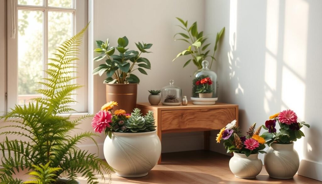 A serene indoor corner featuring seasonal plants that evoke a calming atmosphere. In the foreground, a graceful fern and vibrant seasonal flowers, such as chrysanthemums and pansies, sit in elegantly designed ceramic pots. The middle layer includes a rustic wooden side table adorned with natural wood grain, upon which rests a small selection of succulents and a glass terrarium. In the background, a large window lets in soft, warm sunlight, illuminating the scene and creating gentle shadows on the white walls. A hint of greenery from the outside adds a touch of freshness. The overall mood is peaceful and inviting, perfect for creating a soothing space. Centered composition, captured with a soft-focus lens to enhance the tranquil ambiance, highlighting the beauty of natural materials and seasonal colors.