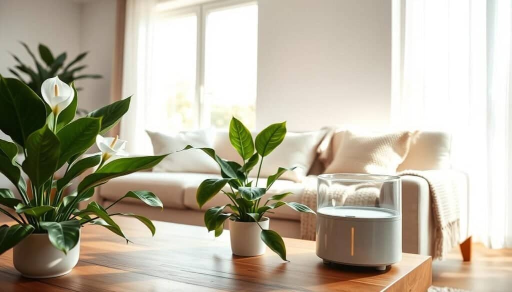A serene indoor living space focusing on air quality, featuring lush green houseplants like peace lilies and snake plants strategically placed on a stylish wooden coffee table. In the foreground, a clear glass air purifier hums softly, signaling its efficiency. The middle of the image shows a cozy couch adorned with light, neutral-colored cushions and a woven throw blanket, inviting relaxation. In the background, large windows allow bright, soft sunlight to flood the room, casting gentle shadows, enhancing the sense of freshness and openness. The overall atmosphere is calm and revitalizing, embodying a safe and healthy living environment. The scene is captured in a warm, inviting light, highlighting the natural beauty and tranquility of the space.